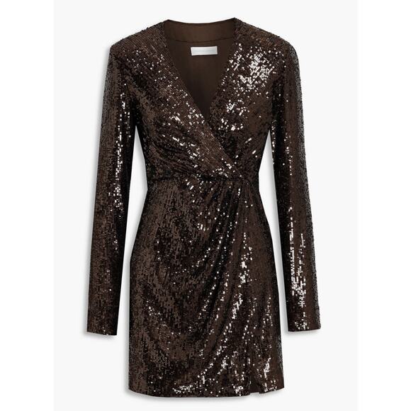 Jonathan Simkhai Monty wrap effect sequin mini dress size 6 brown - Picture 4 of 16